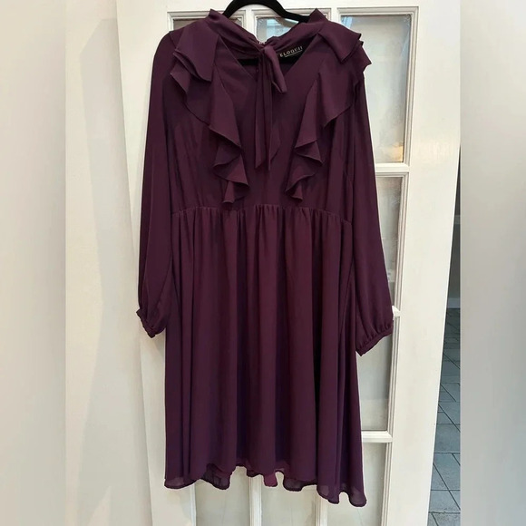 Eloquii Violet Purple Long Sleeve Tie Neck Ruffle Cocktail Dress Plus Size 18 - Picture 11 of 11